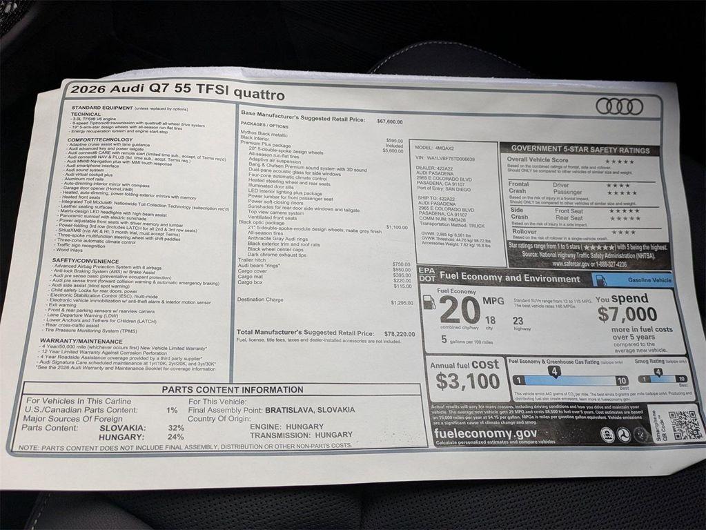 new 2026 Audi Q7 car, priced at $78,220