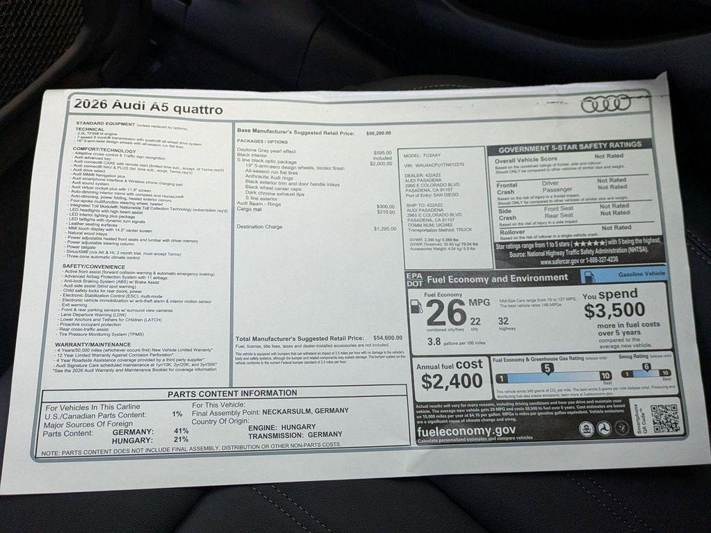 new 2026 Audi A5 car, priced at $54,600