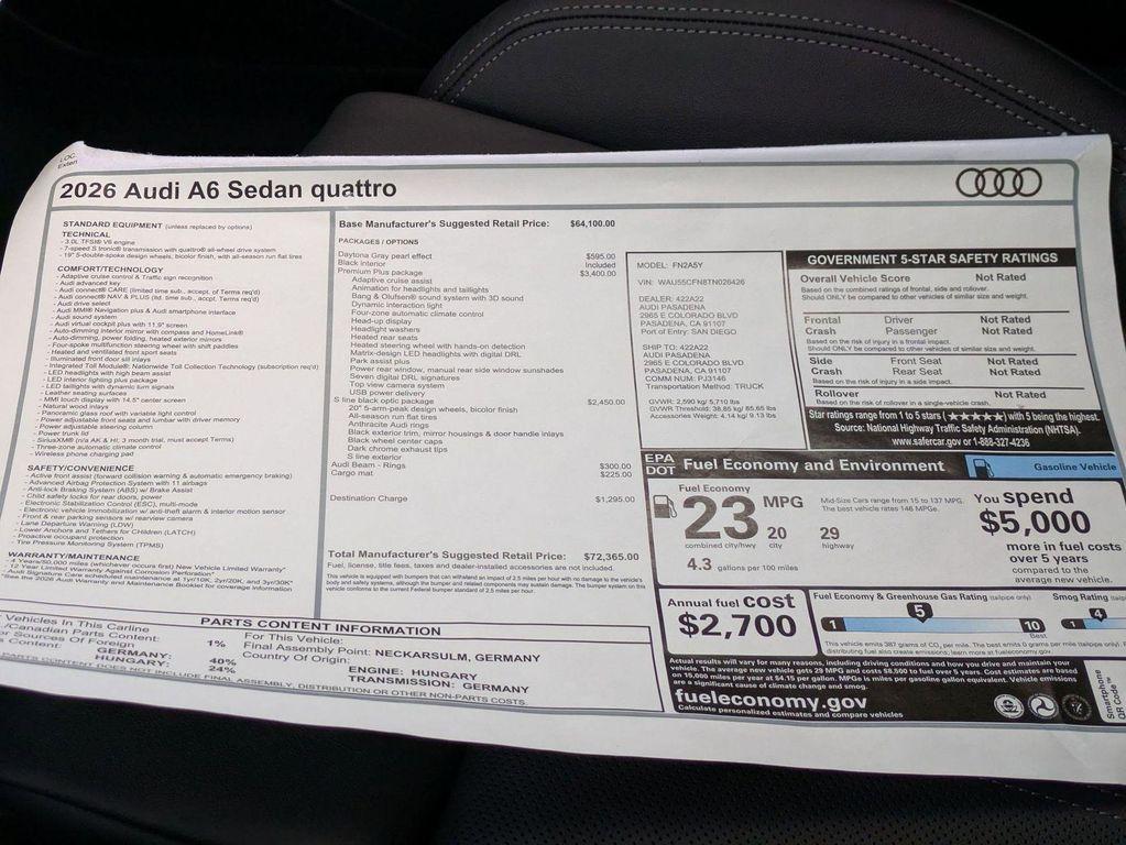 new 2026 Audi A6 car, priced at $72,365