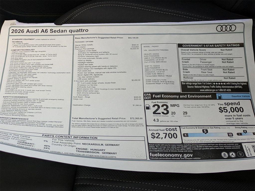 new 2026 Audi A6 car, priced at $72,365