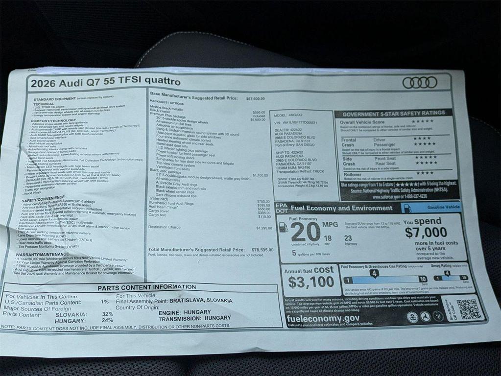 new 2026 Audi Q7 car, priced at $78,595