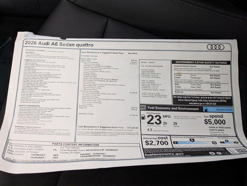 new 2026 Audi A6 car, priced at $72,365