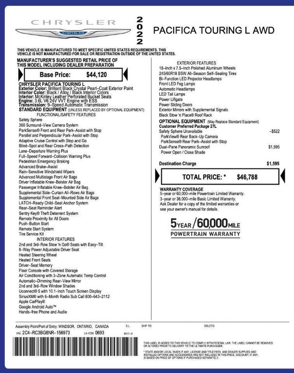 used 2022 Chrysler Pacifica car, priced at $23,000