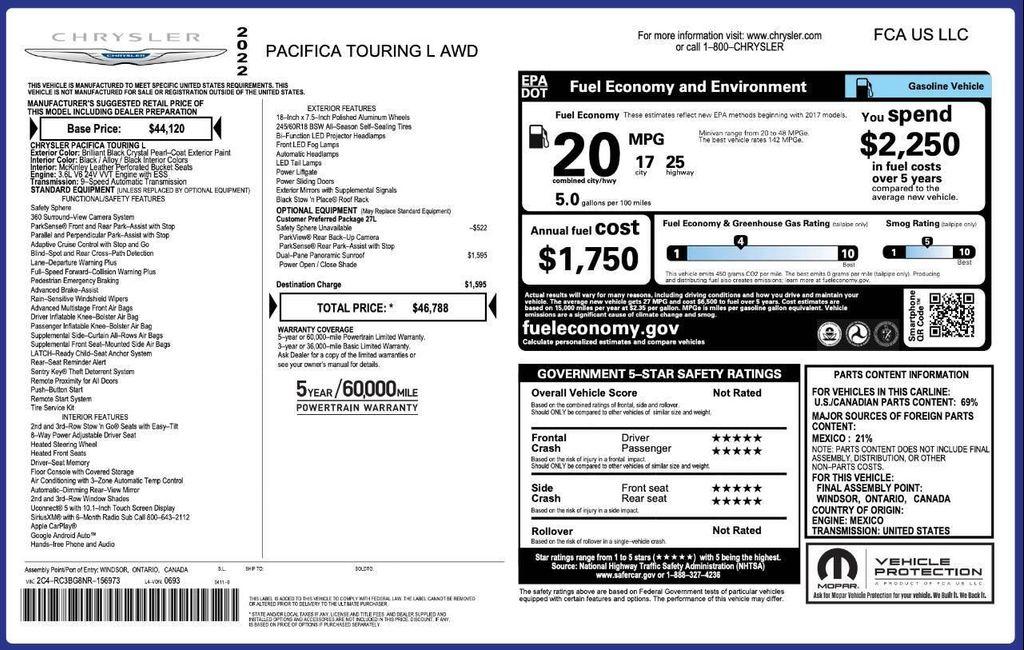 used 2022 Chrysler Pacifica car, priced at $23,000