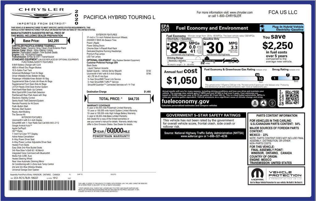 used 2020 Chrysler Pacifica Hybrid car, priced at $19,495