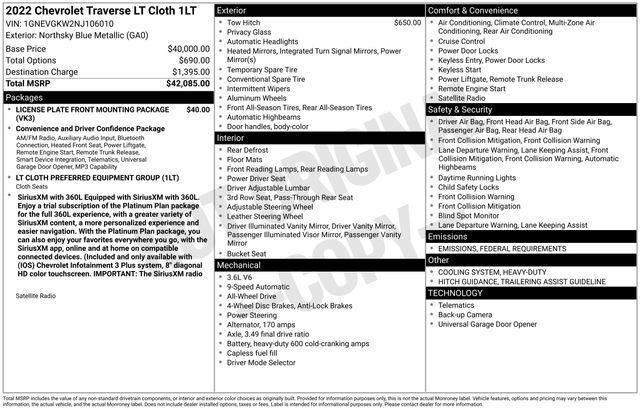 used 2022 Chevrolet Traverse car, priced at $23,820