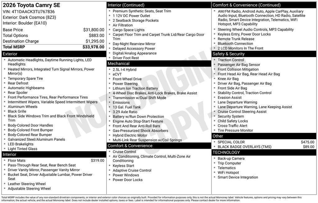 new 2026 Toyota Camry car, priced at $32,400