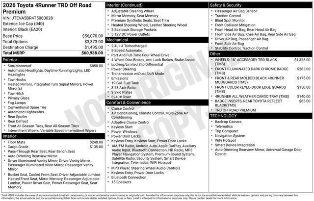 new 2026 Toyota 4Runner car, priced at $59,388