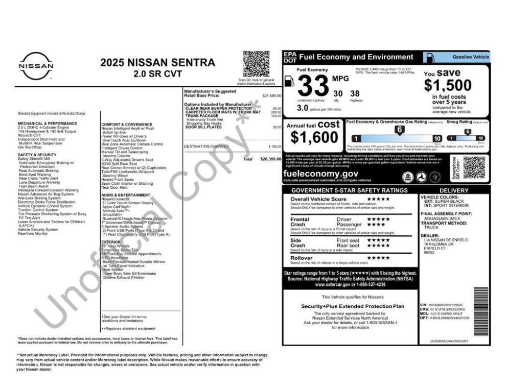 new 2025 Nissan Sentra car, priced at $22,605