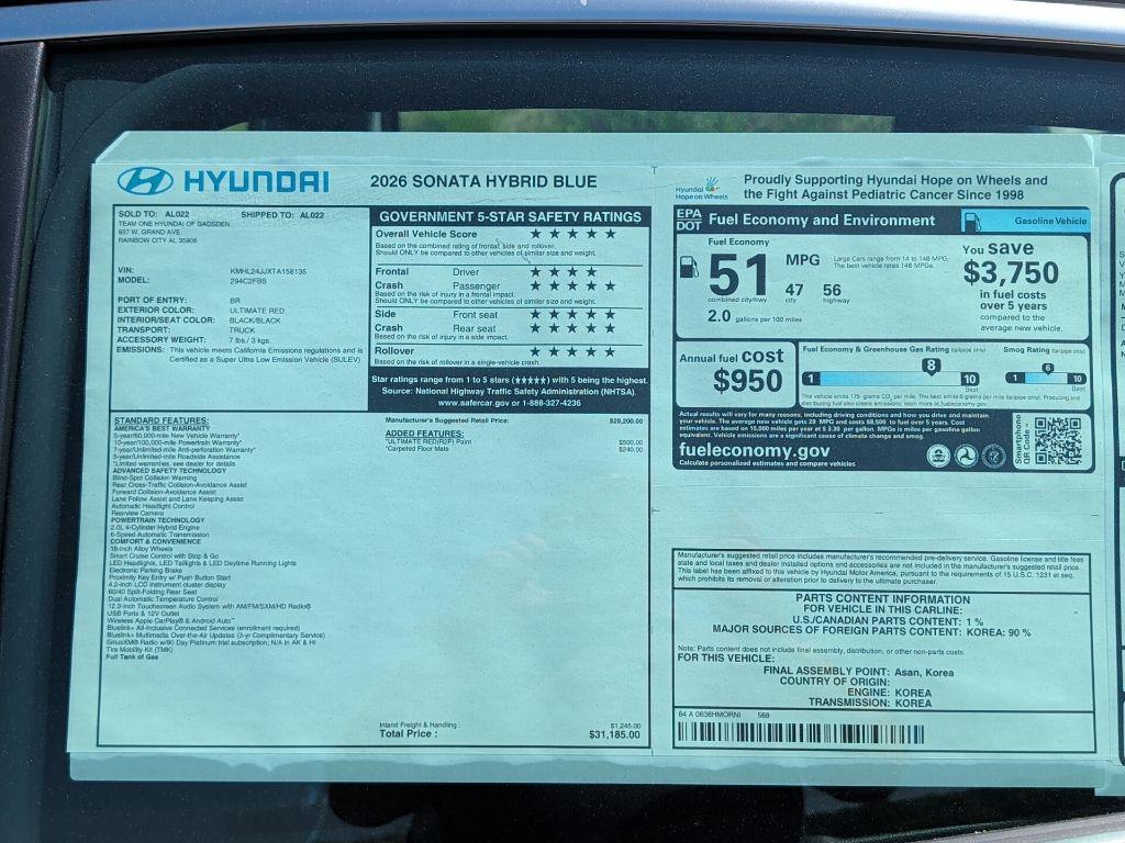 new 2026 Hyundai Sonata Hybrid car, priced at $29,607