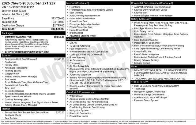 new 2026 Chevrolet Suburban car, priced at $77,830