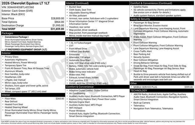 new 2026 Chevrolet Equinox car, priced at $25,735