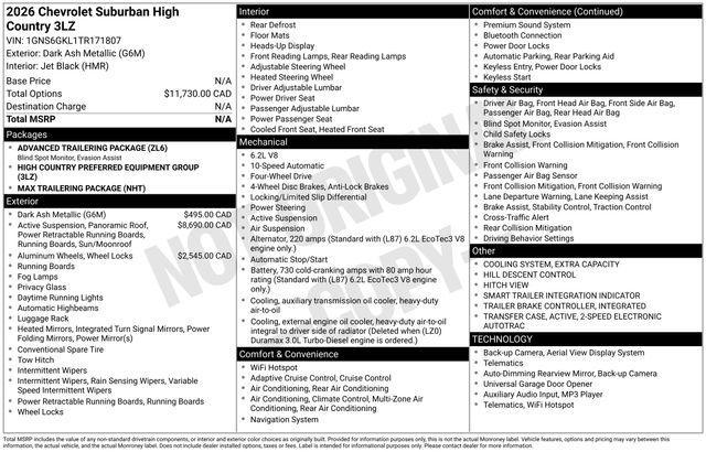 new 2026 Chevrolet Suburban car, priced at $94,813
