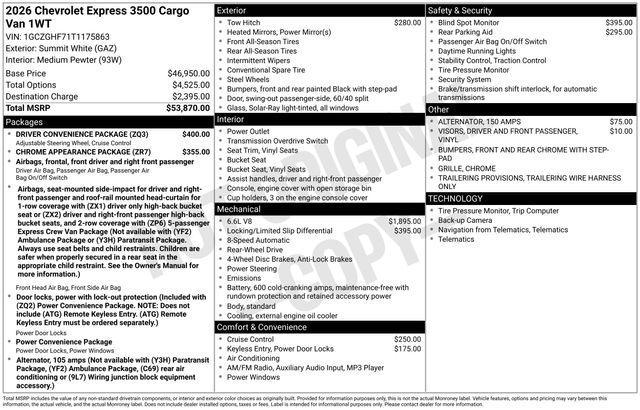 new 2026 Chevrolet Express 2500 car, priced at $53,620