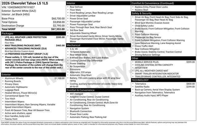 new 2026 Chevrolet Tahoe car, priced at $64,529