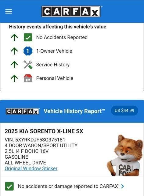 used 2025 Kia Sorento car, priced at $36,974