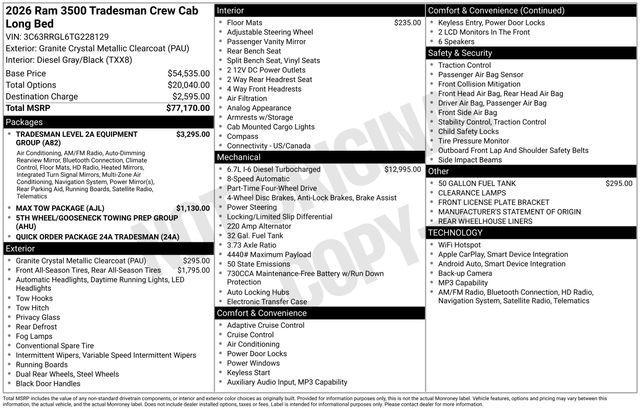 new 2026 Ram 3500 car, priced at $71,170