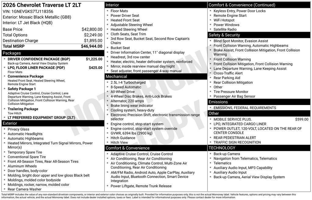 new 2026 Chevrolet Traverse car, priced at $43,358