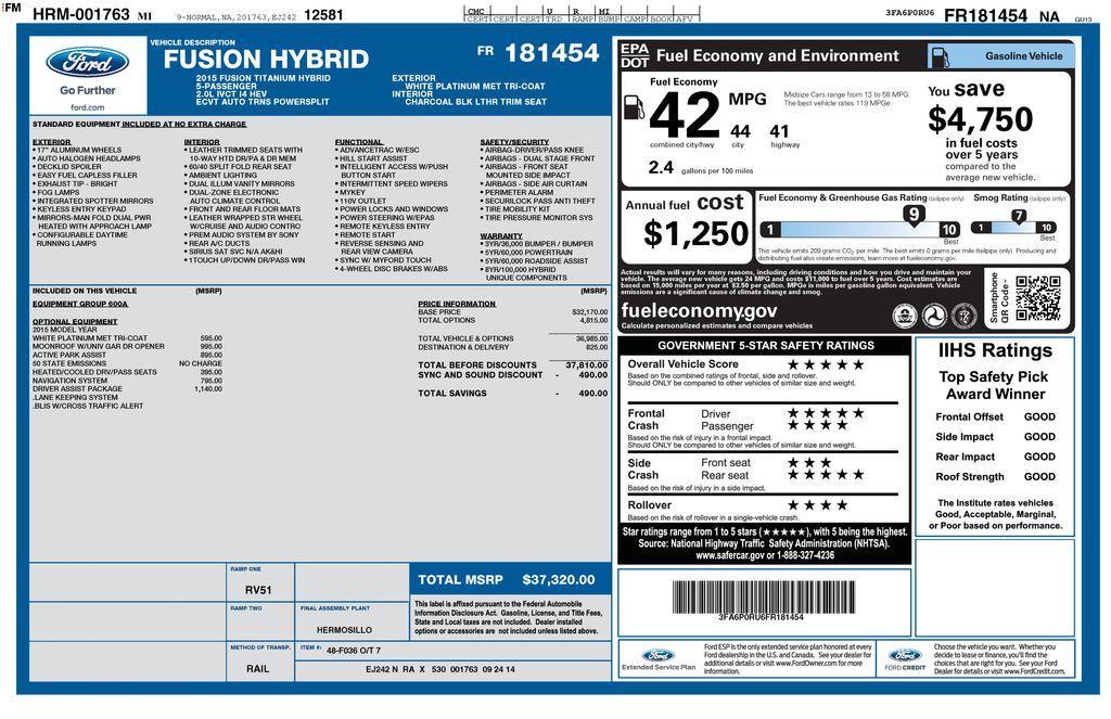 used 2015 Ford Fusion Hybrid car, priced at $7,350