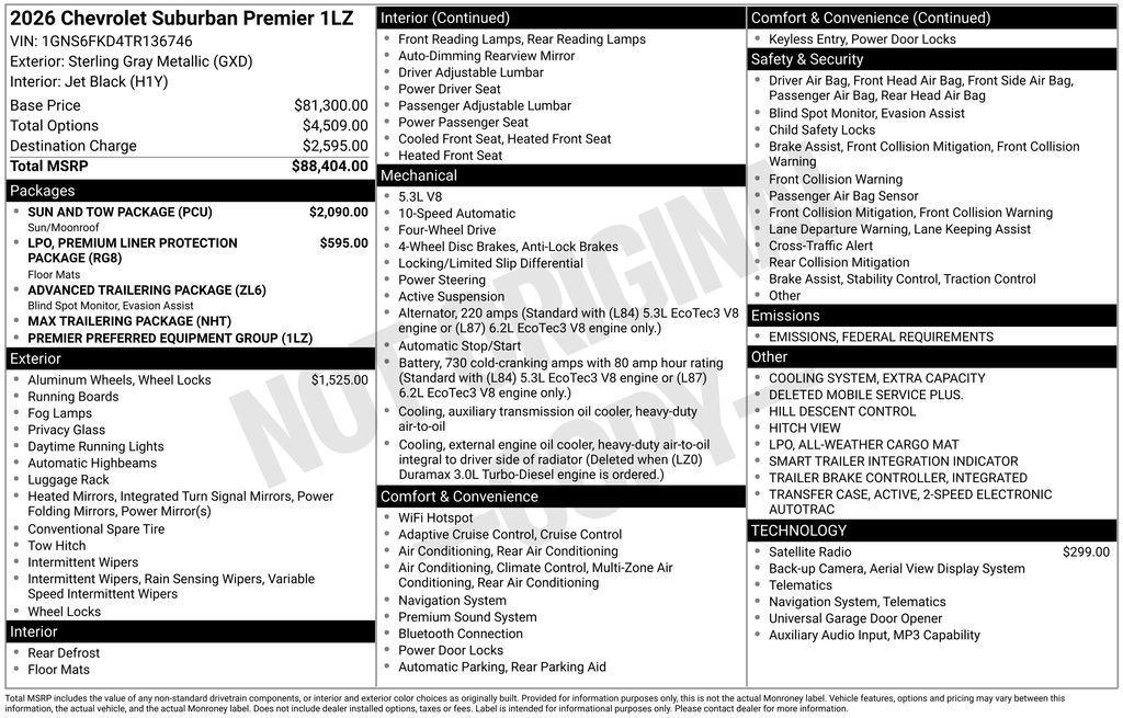 new 2026 Chevrolet Suburban car, priced at $80,667