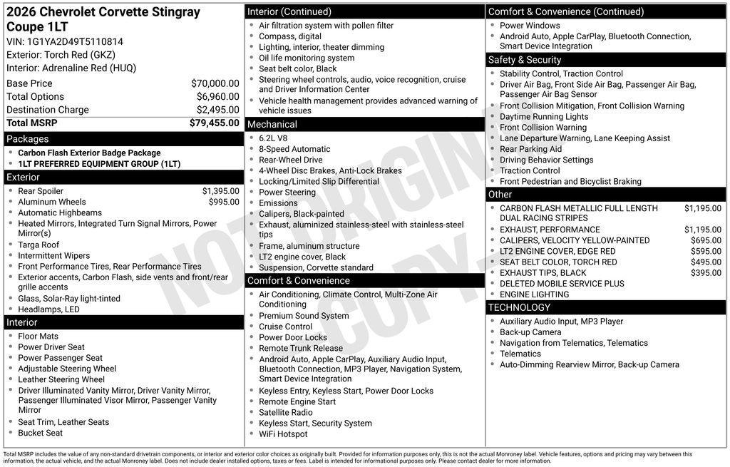 new 2026 Chevrolet Corvette car, priced at $79,455