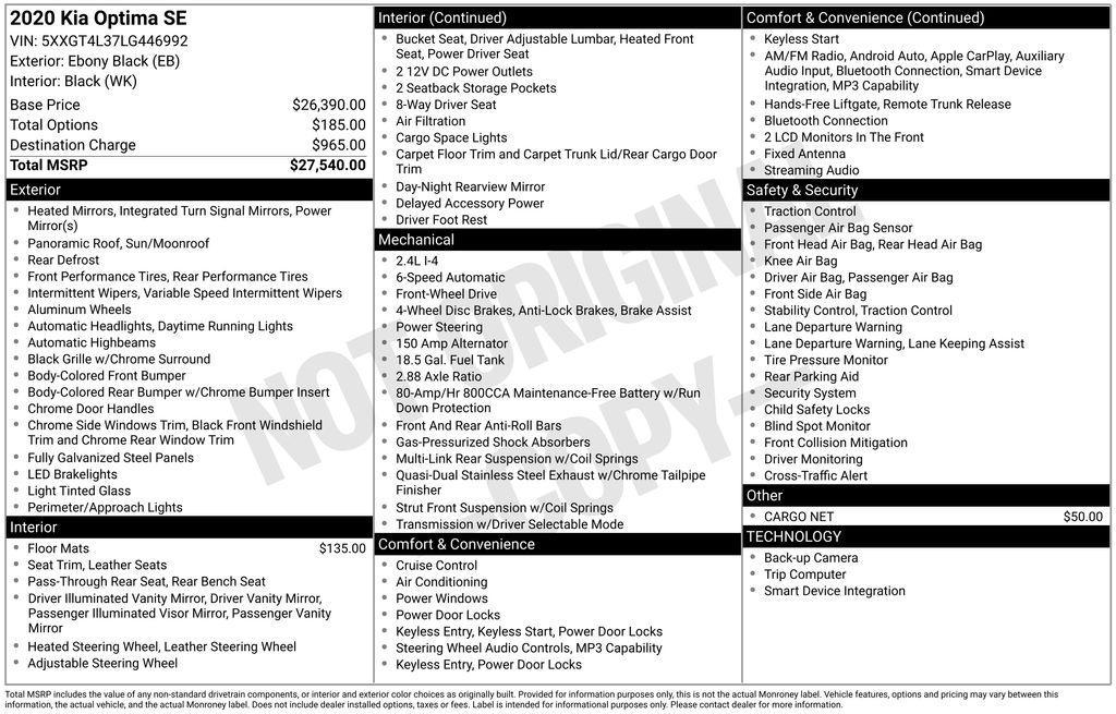 used 2020 Kia Optima car, priced at $17,000