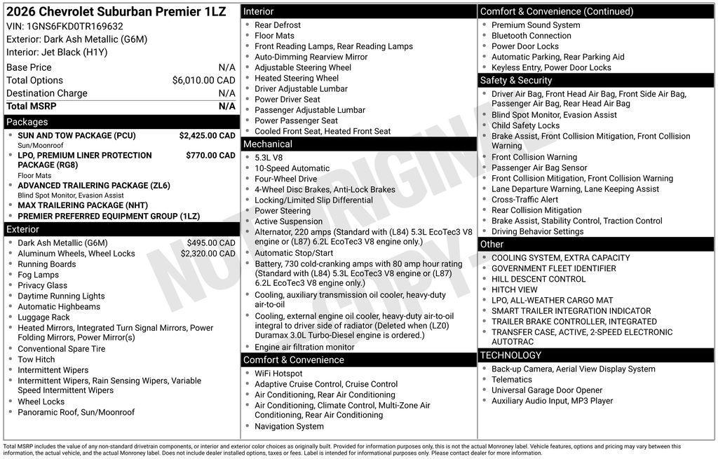 new 2026 Chevrolet Suburban car, priced at $80,843
