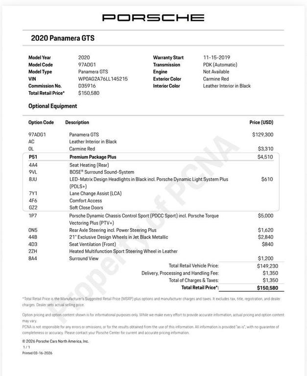 used 2020 Porsche Panamera car, priced at $72,980