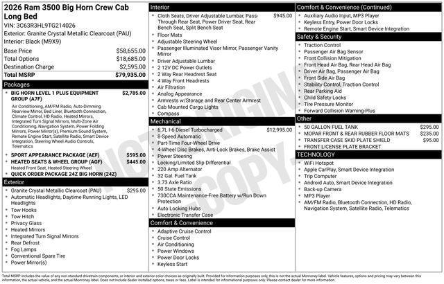new 2026 Ram 3500 car, priced at $66,160