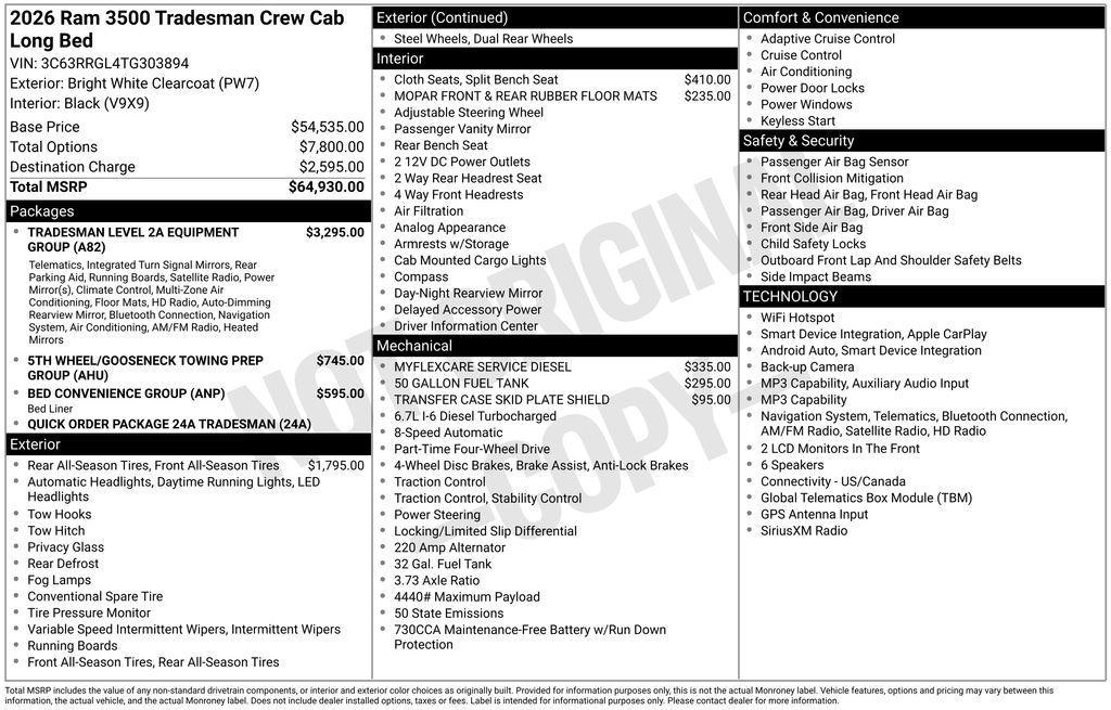 new 2026 Ram 3500 car, priced at $64,474