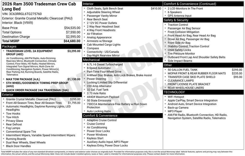 new 2026 Ram 3500 car, priced at $64,414
