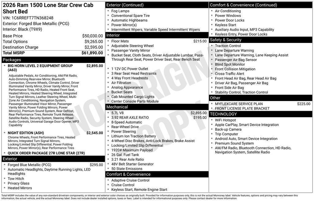 new 2026 Ram 1500 car, priced at $50,175