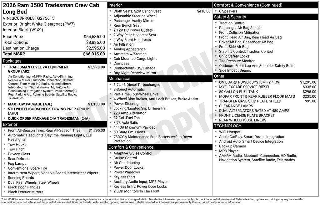 new 2026 Ram 3500 car, priced at $65,642