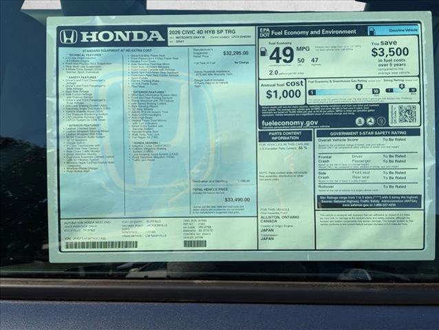 new 2026 Honda Civic Hybrid car, priced at $31,488