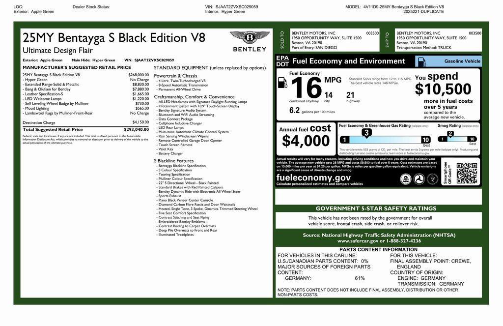 used 2025 Bentley Bentayga car, priced at $260,543