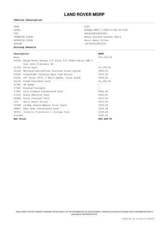 used 2020 Land Rover Range Rover Evoque car, priced at $23,971