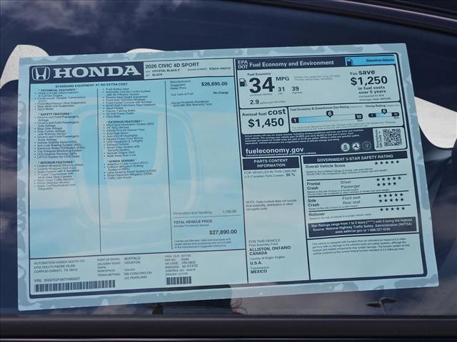 new 2026 Honda Civic car, priced at $27,890