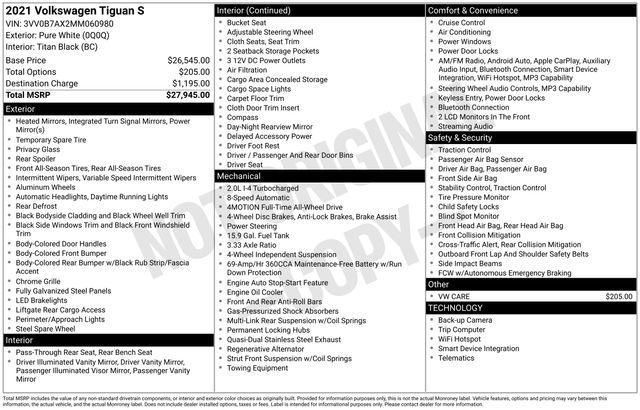 used 2021 Volkswagen Tiguan car, priced at $17,494