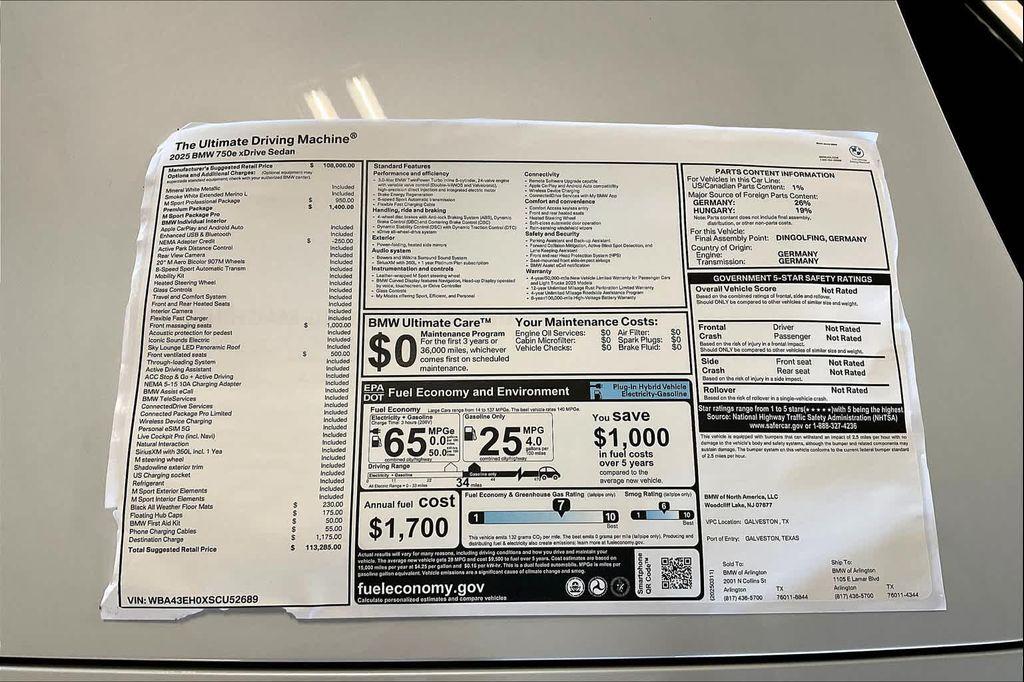 new 2025 BMW 750e car, priced at $113,285