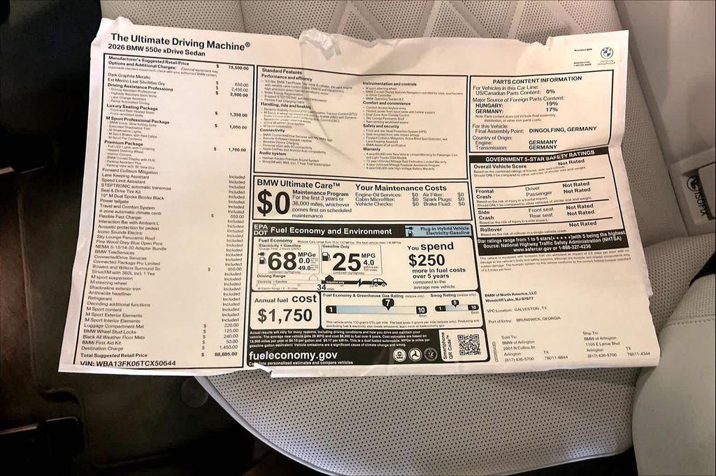 new 2026 BMW 550e car, priced at $88,885