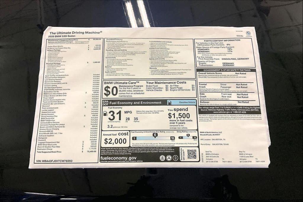new 2026 BMW 530 car, priced at $72,460