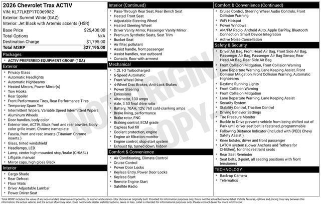 new 2026 Chevrolet Trax car, priced at $25,519