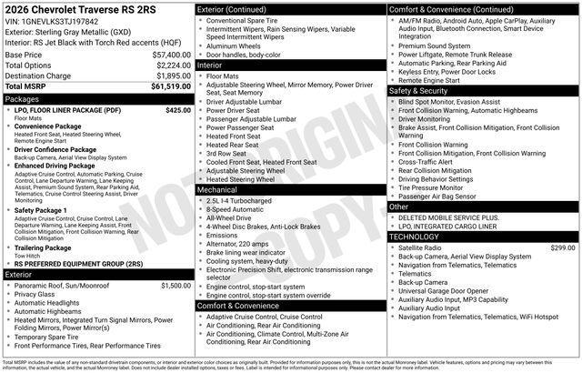new 2026 Chevrolet Traverse car, priced at $60,019
