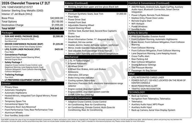 new 2026 Chevrolet Traverse car, priced at $48,845