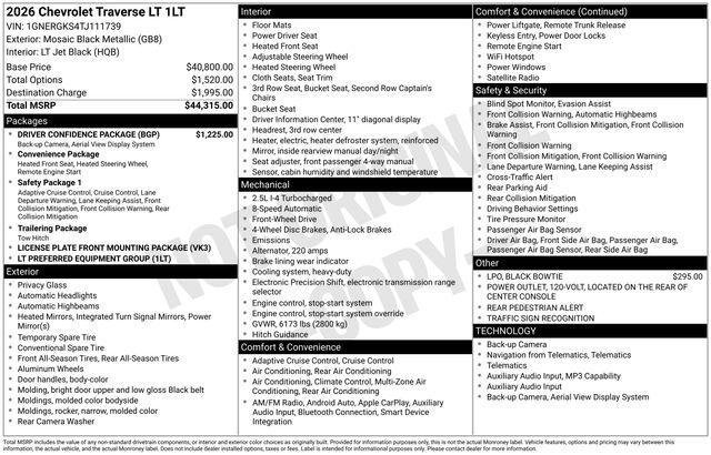 new 2026 Chevrolet Traverse car, priced at $42,255