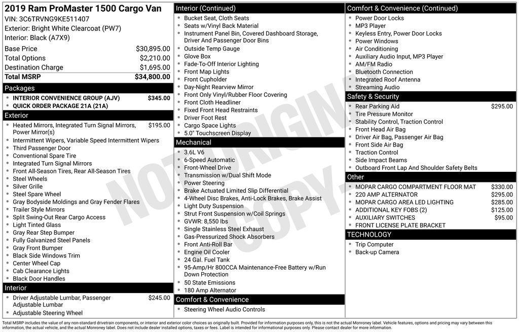 used 2019 Ram ProMaster 1500 car, priced at $15,999