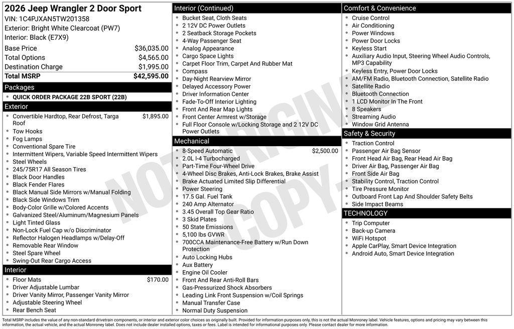 new 2026 Jeep Wrangler car, priced at $36,849