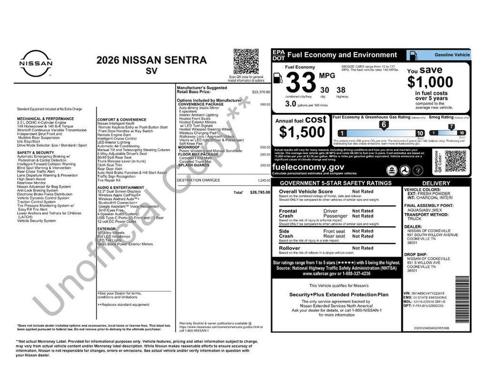 new 2026 Nissan Sentra car, priced at $23,982