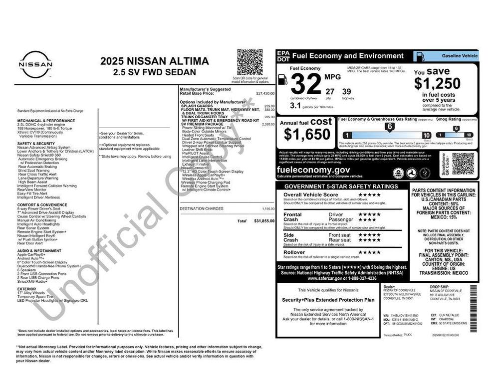 new 2025 Nissan Altima car, priced at $25,982