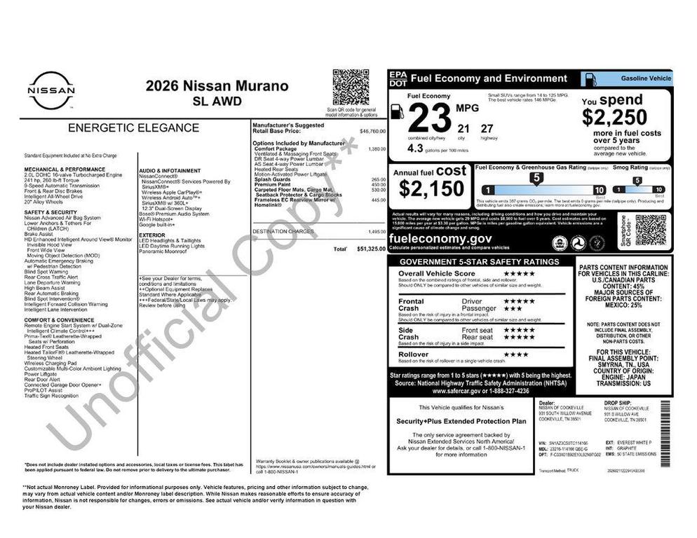 new 2026 Nissan Murano car, priced at $44,228